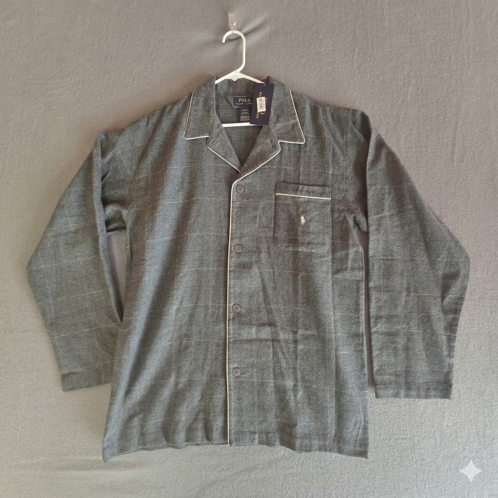 Polo Ralph Lauren Mens Grey Windowpane Flannel Pajama Shirt Sleep Top Size M New